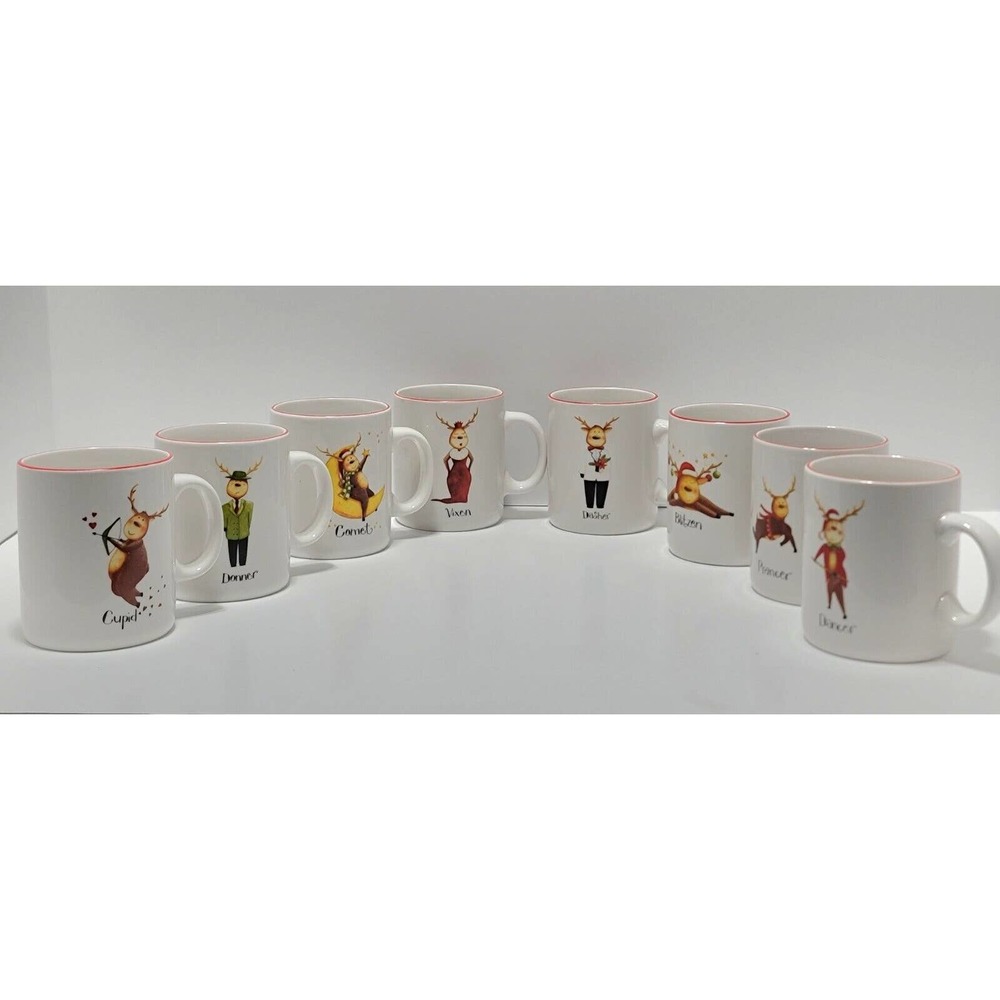 Set Of 8 Christmas Santa Claus Sleigh Reindeer Coffee Cups By Rainbow Mountain